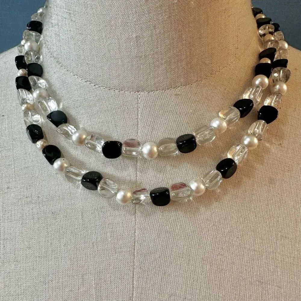 Black  and clear faux pearls long vintage necklace